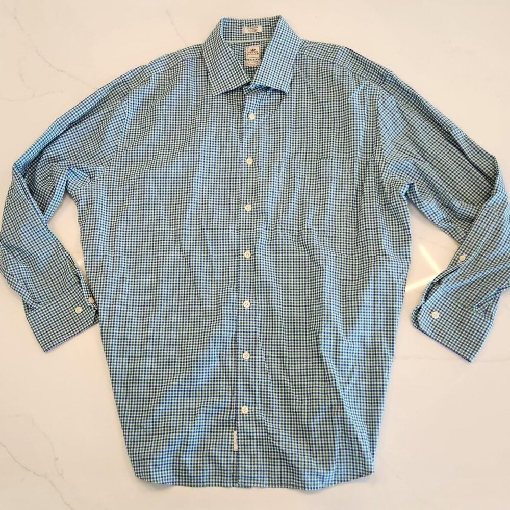 Peter Millar Sz 17 Nanoluxe Shirt Men Blue Gingham Plaid Button Down Long Sleeve